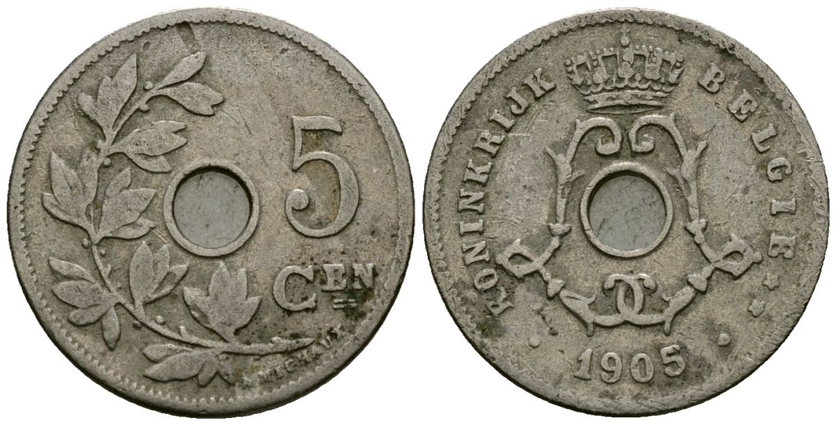 Бельгия 5 сантимов 1905 Belgie KM 55 медно-никель 4173-134