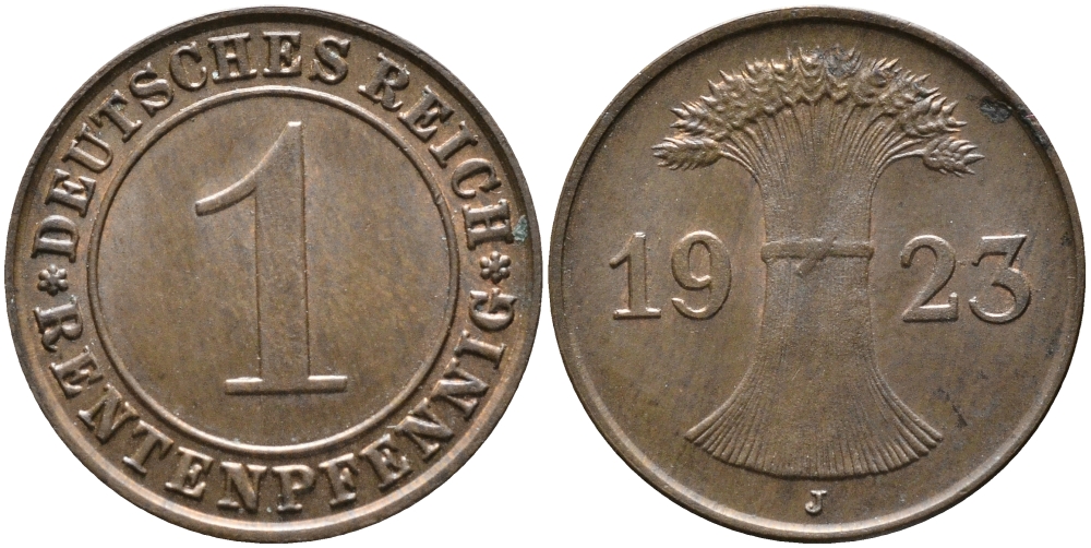 ГЕРМАНИЯ 1 РЕНТЕНПФЕННИГ 1923 J KM 30, J. 306 бронза UNC 413-2531