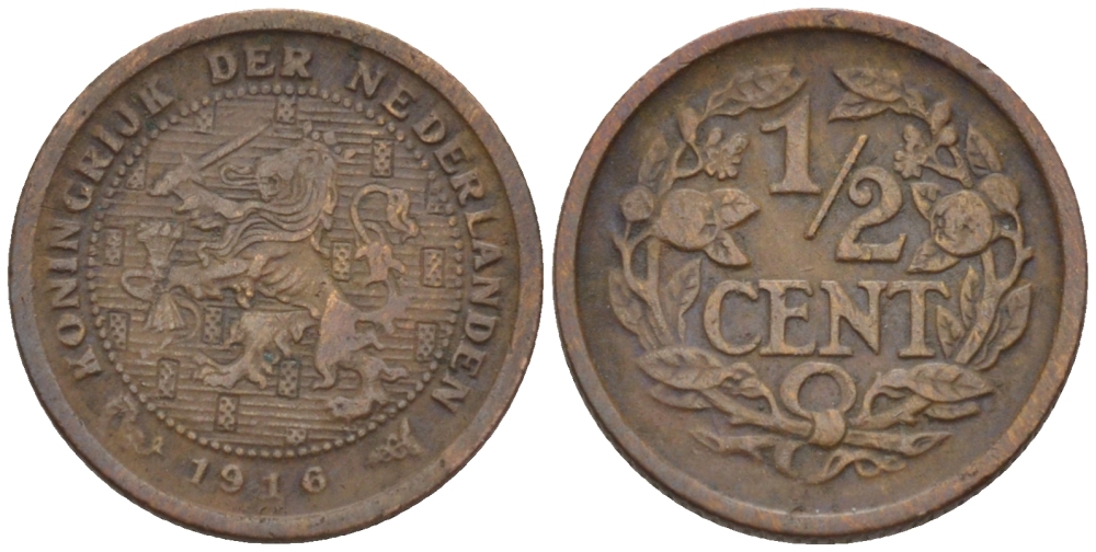 НИДЕРЛАНДЫ 1/2 ЦЕНТА 1916 ВИЛЬГЕЛЬМИНА (1890-1948) KM 138 бронза 39-169