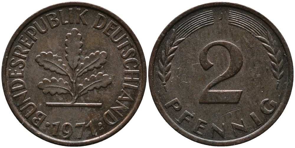 ФРГ 2 пфеннига 1971 J KM 106а, J.381а сталь плакированная медью 99-213