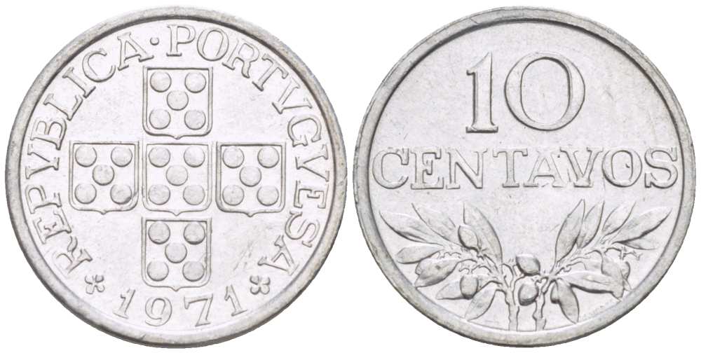 ПОРТУГАЛИЯ 10 СЕНТАВО 1971 KM 594 алюминий 4516-414