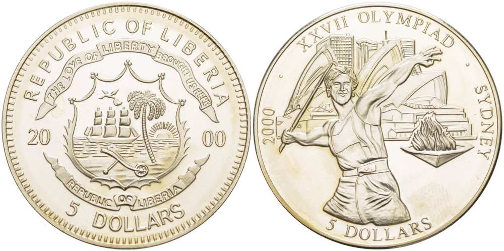ЛИБЕРИЯ 5 ДОЛЛАРОВ 2000 XXXVII ОЛИМПИЙСКИЕ ИГРЫ В СИДНЕЕ, КОПЬЕМЕТАТЕЛЬ, СИДНЕЙСКАЯ ОПЕРА, ДИАМЕТР 32 ММ., ВЕС 14,83 ГР., ТИРАЖ 20000 ЭКЗ. KM 735 медно-никель UNC 1084-10-75