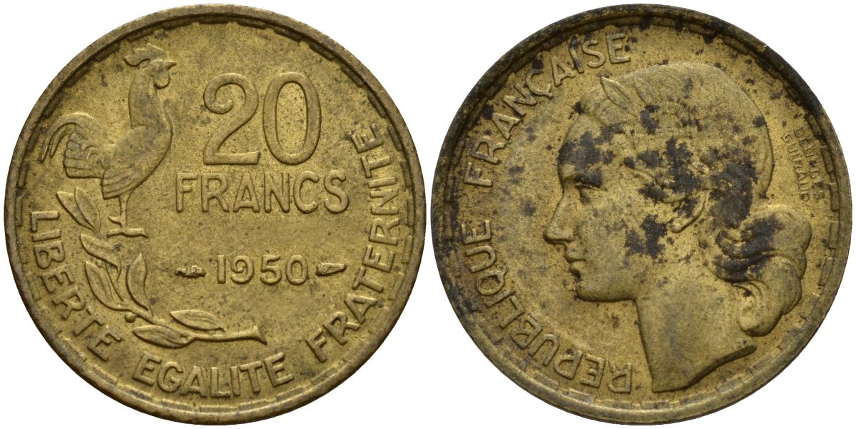 Франция 20 франков 1950 B, петух KM 917.1 алюминиевая бронза 4150-845