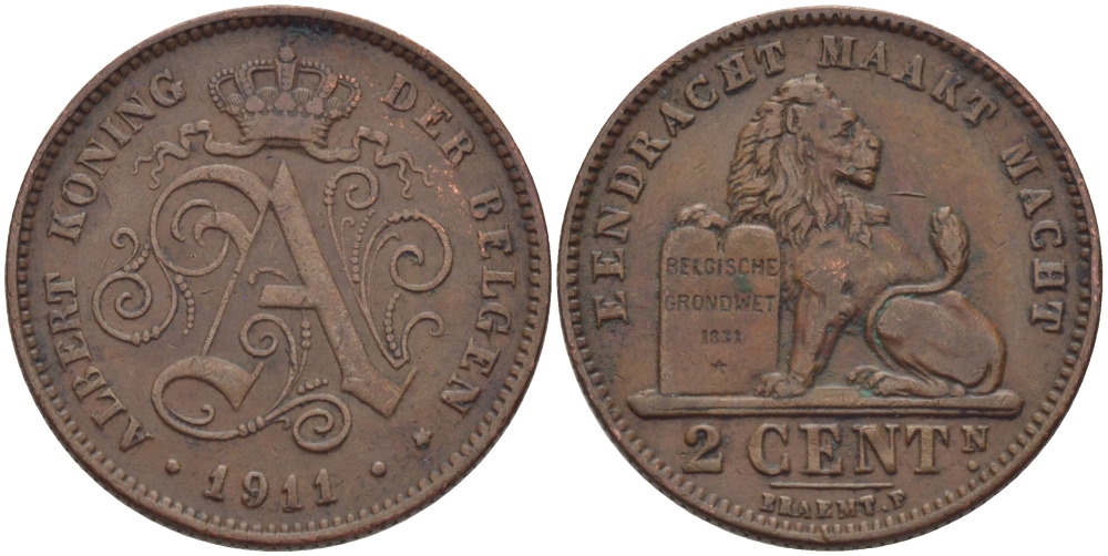 БЕЛЬГИЯ 2 САНТИМА 1911 BELGEN KM 65 медь 28-233