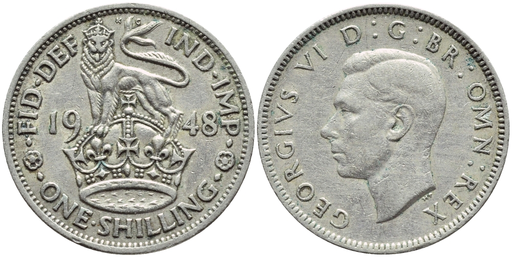 Великобритания 1 шиллинг 1948 Георг VI (1936-1952), Английский герб KM 863, Spink 4105 медно-никель 4395-1213