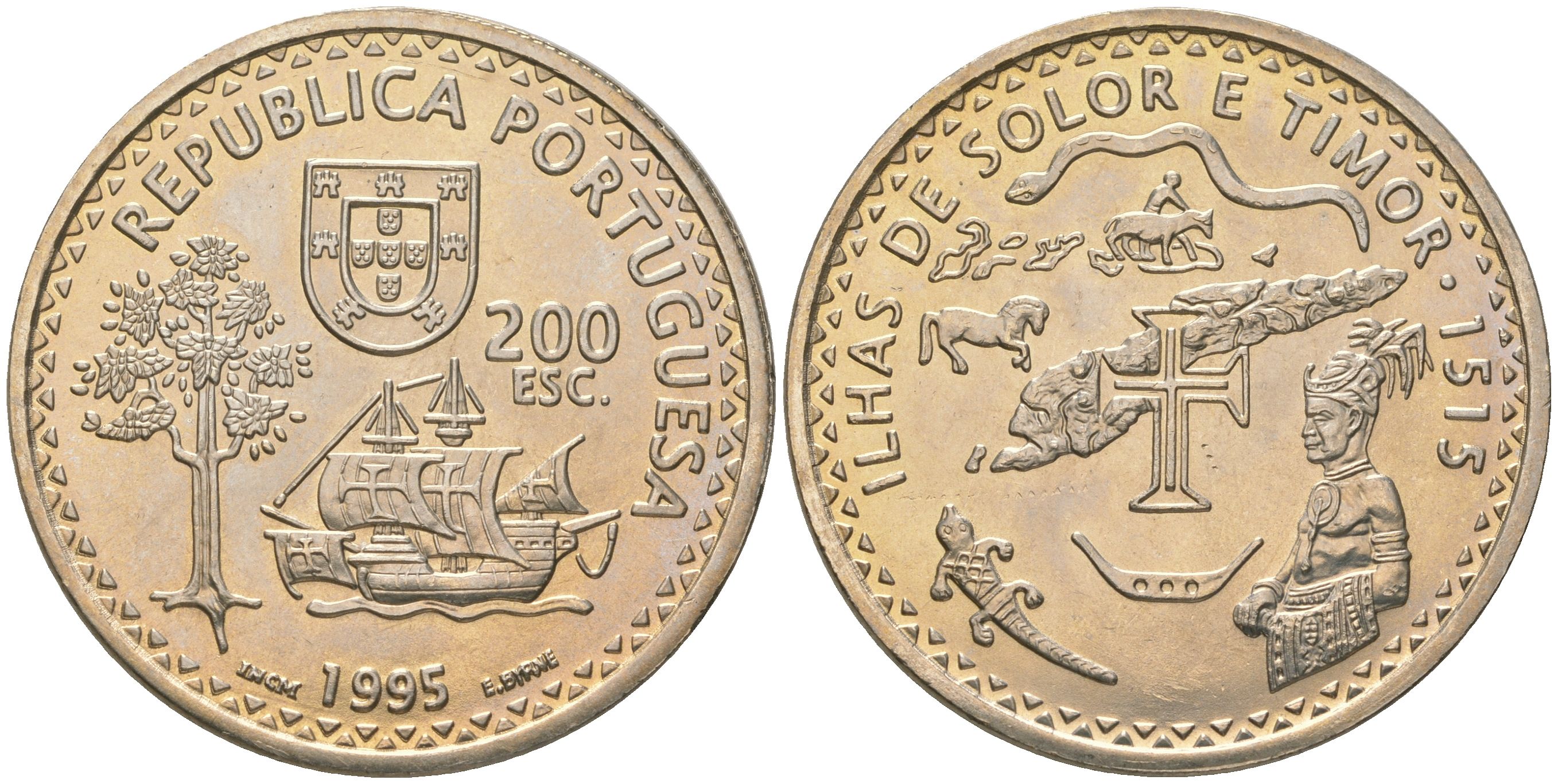 Португалия 200 эскудо 1995 480 лет островам Солор и Тимор KM 683 медно-никель UNC 74-711