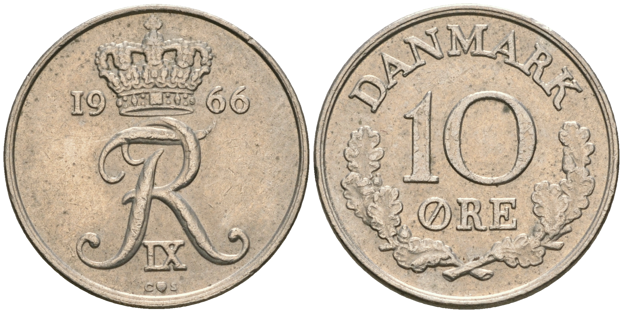 Дания 10 эре 1966 С; S, Фредерик IX (1947-1972) KM 849.1 медно-никель 08-1439