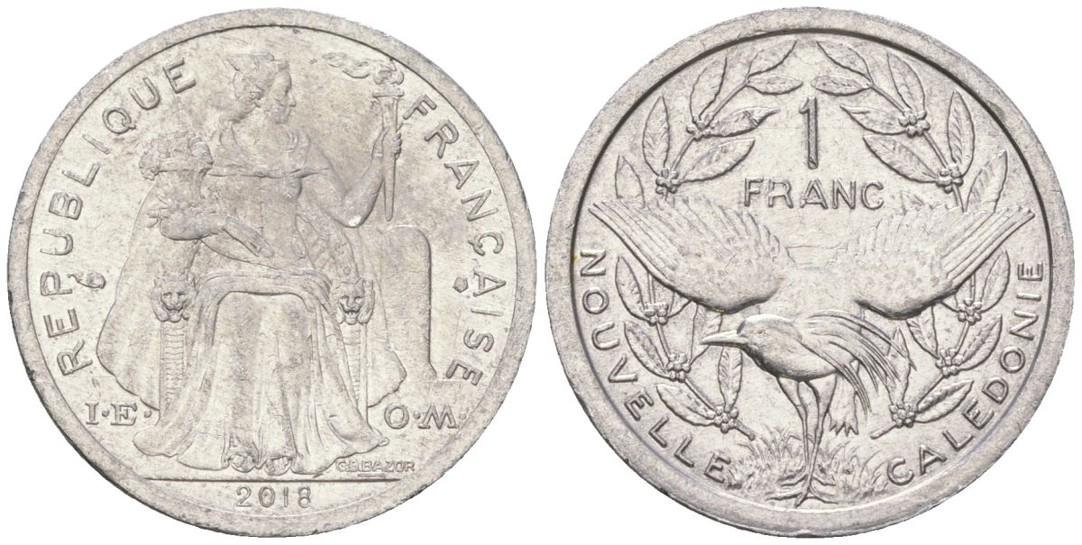 Французская Новая Каледония 1 франк 2018 птица кагу, (IEOM) KM 10, Schoen 10 алюминий 54-1431