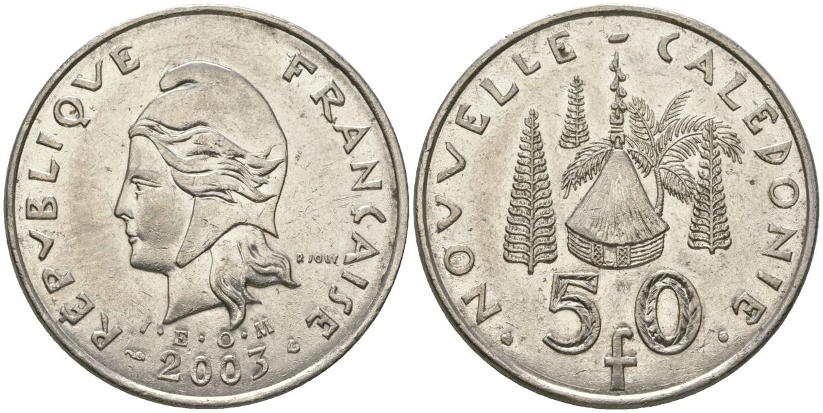 Французская Новая Каледония 50 франков 2003 хижина среди сосен и пальм, (IEOM) KM 13, Schoen 15, Lec 121 никель 111-842
