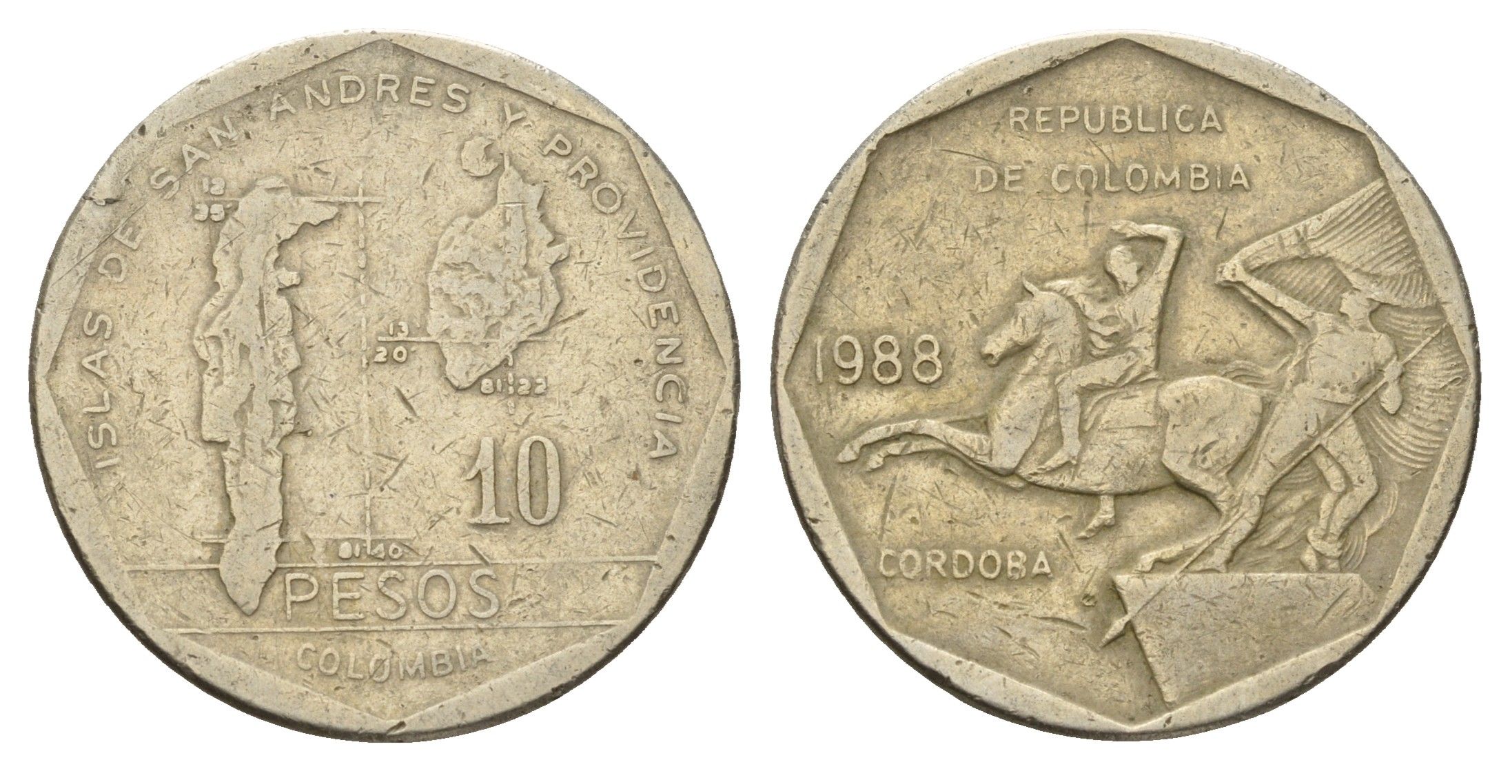 Колумбия 10 песо 1988 KM 270 медь цинк никель 4142-316