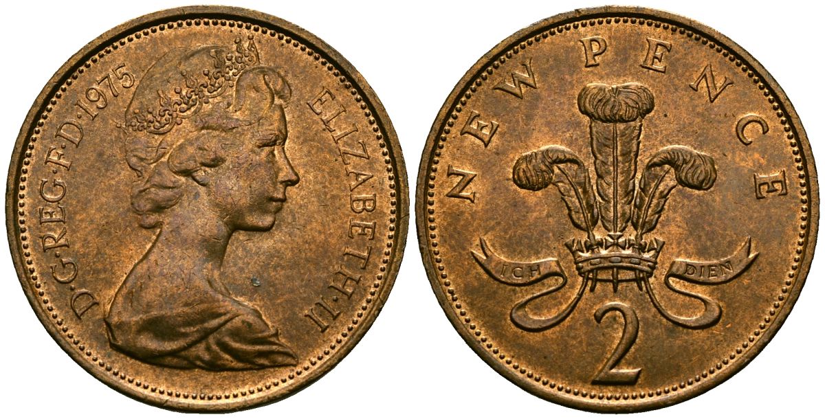 Великобритания 2 пенса 1975 Елизавета II (1952-2022) KM 916, Spink 4235 (C1) бронза 4384-537