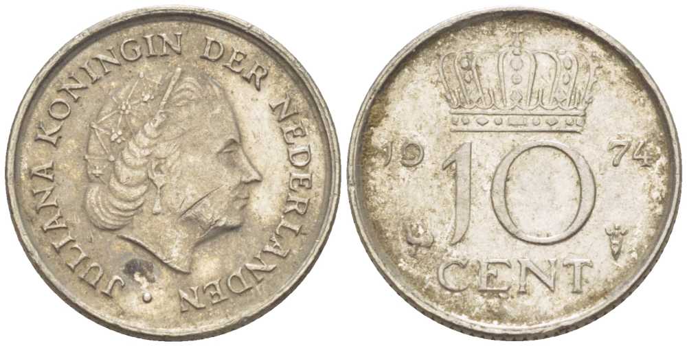 НИДЕРЛАНДЫ 10 ЦЕНТОВ 1974 ЮЛИАНА (1948-1980) KM 182 никель 116-559