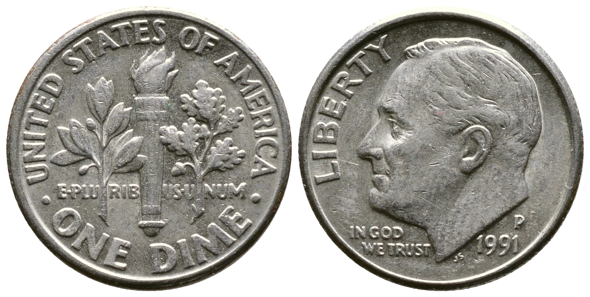 США 10 ЦЕНТОВ = 1 ДАЙМ 1991 P, РУЗВЕЛЬТ KM 195а медь плакированная медно-никелем 57-1245