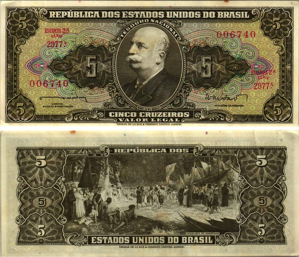 БРАЗИЛИЯ 5 КРУЗЕЙРО 1962 ESTAMPA 2A, СЕРИЯ 2977, ПОДПИСЬ 11, БАРАО ДО РИО БРАНКО Pick 176а бумага XF 8615-24-1-2