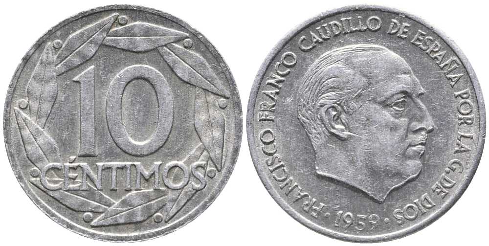 Испания 10 сентимо 1959 Франсиско Франко (1939-1975) KM 790 алюминий 105-1119