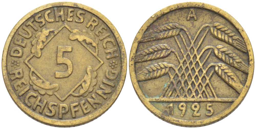 Германия 5 рейхспфеннигов 1925 A KM 39, J. 316, Weege 7 алюминиевая бронза 99-946
