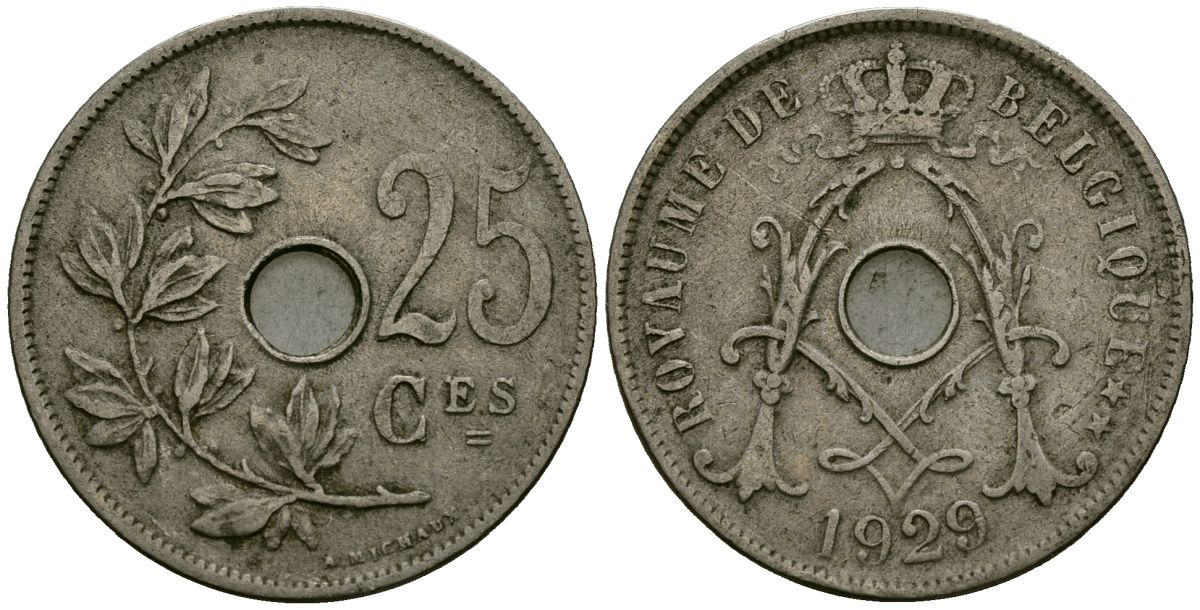 Бельгия 25 сантимов 1929 Belgique KM 68 медно-никель 4165-625