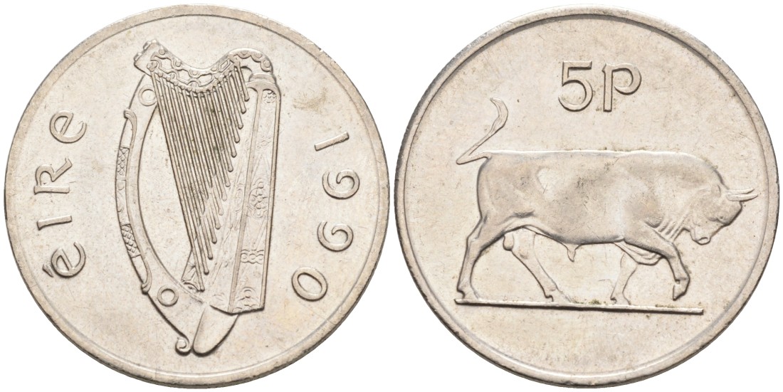 Ирландия 5 пенсов 1990 бык KM 22 медно-никель 4561-1212