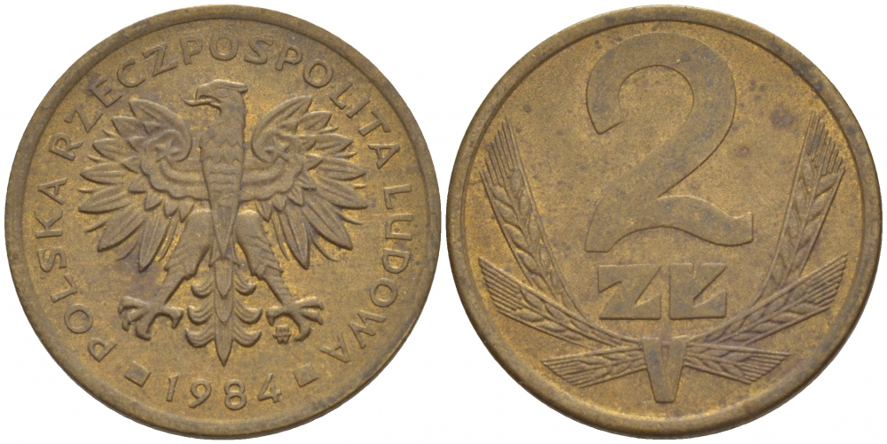 ПОЛЬША 2 ЗЛОТЫХ 1984 MW KM 80.1 латунь 4548-523