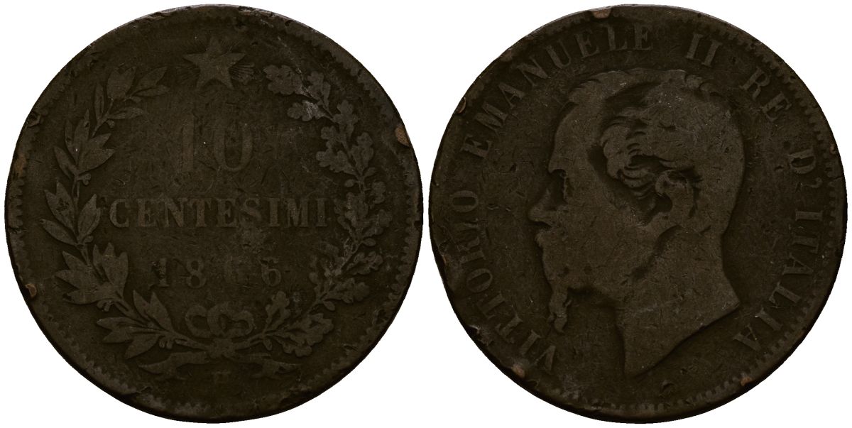 Италия 10 чентезимо 1866 Виктор Эмануил II (1861-1878) KM 11 медь 4168-945