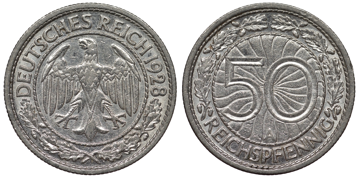 Германия 50 рейхспфеннигов 1928 A KM 49, J. 324 никель 4121-814