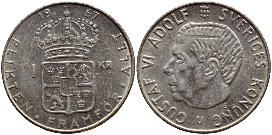 Швеция 1 крона 1967 U, Густав VI Адольф (1950-1973) KM 826 серебро 633-823