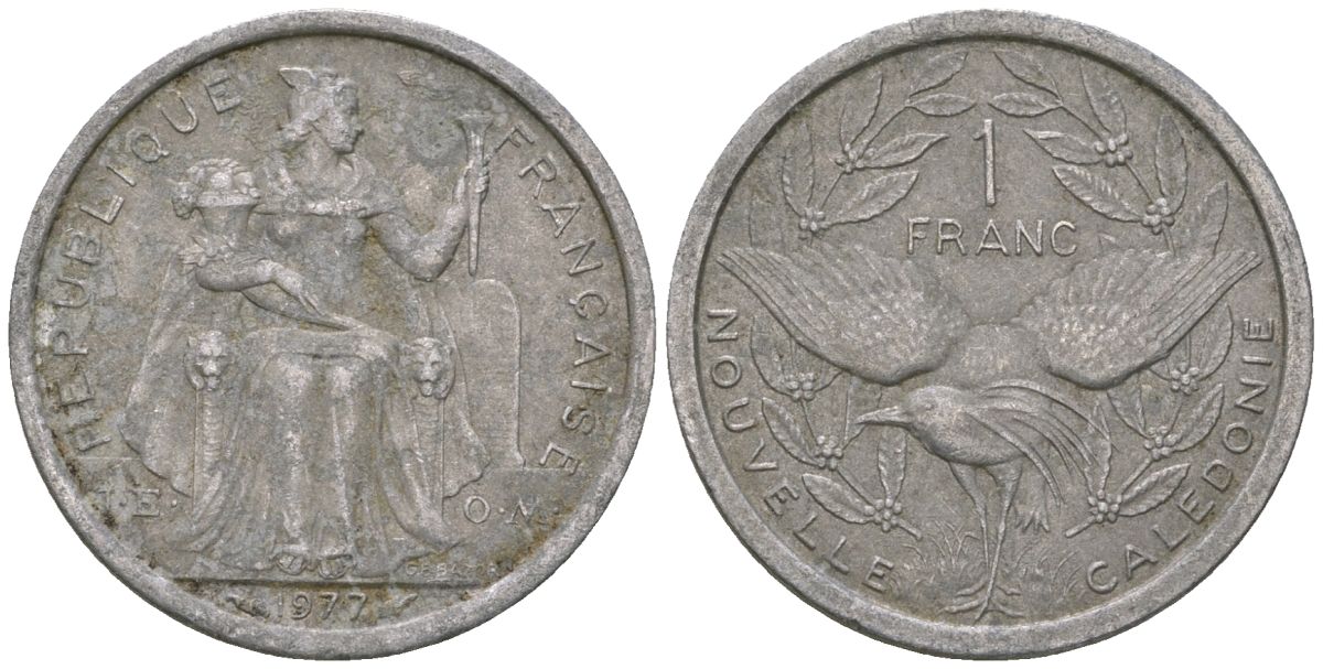 Французская Новая Каледония 1 франк 1977 птица кагу, (IEOM) KM 10, Schoen 10, Lec 40 алюминий    51-931