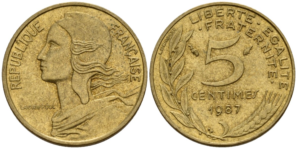 Франция 5 сантимов 1987 KM 933 алюминиевая бронза 4154-1063