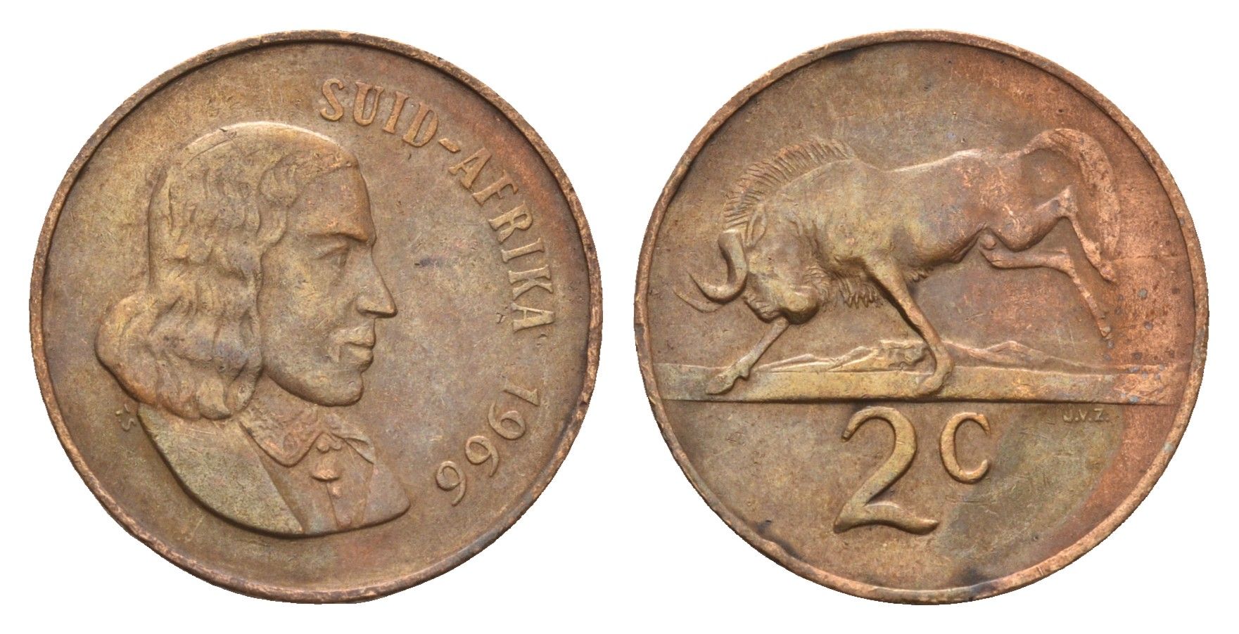 ЮАР 2 цента 1966 Ян ван Рибек (1619-1677), Suid Africa, легенда на африкаанс, антилопа гну KM 66.2 бронза 4122-127