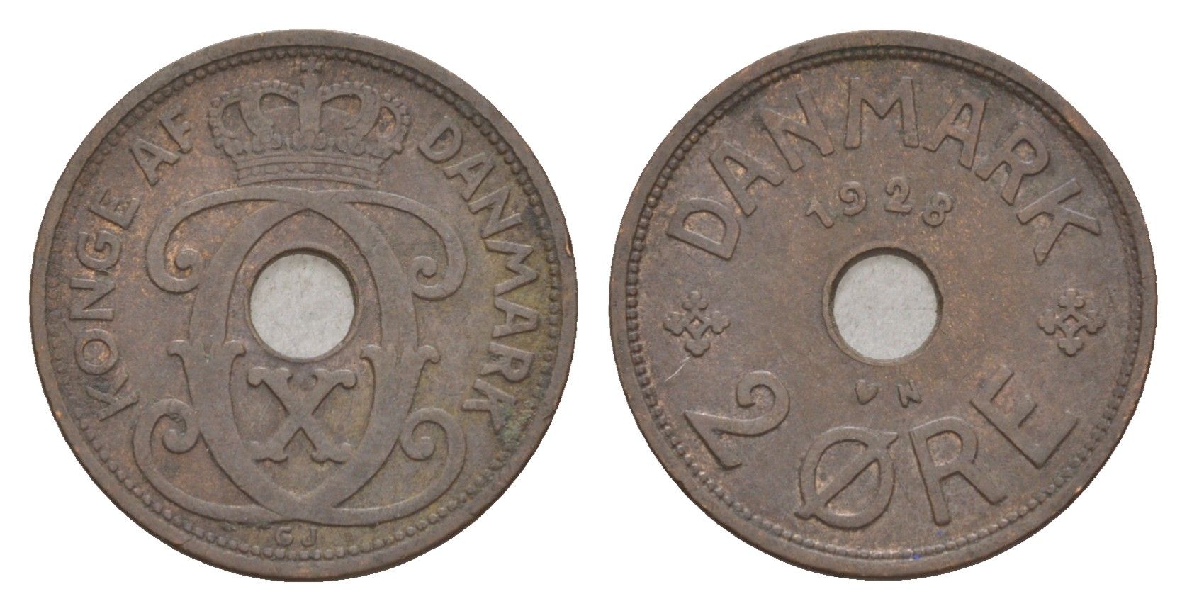 Дания 2 эре 1928 N, Кристиан X (1912-1947) KM 827 бронза 4658-214