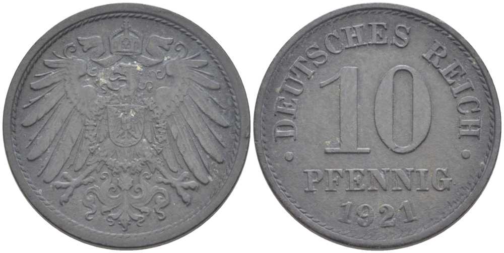 ГЕРМАНИЯ 10 ПФЕННИГОВ 1921 KM 26, J. 299 цинк 175-235
