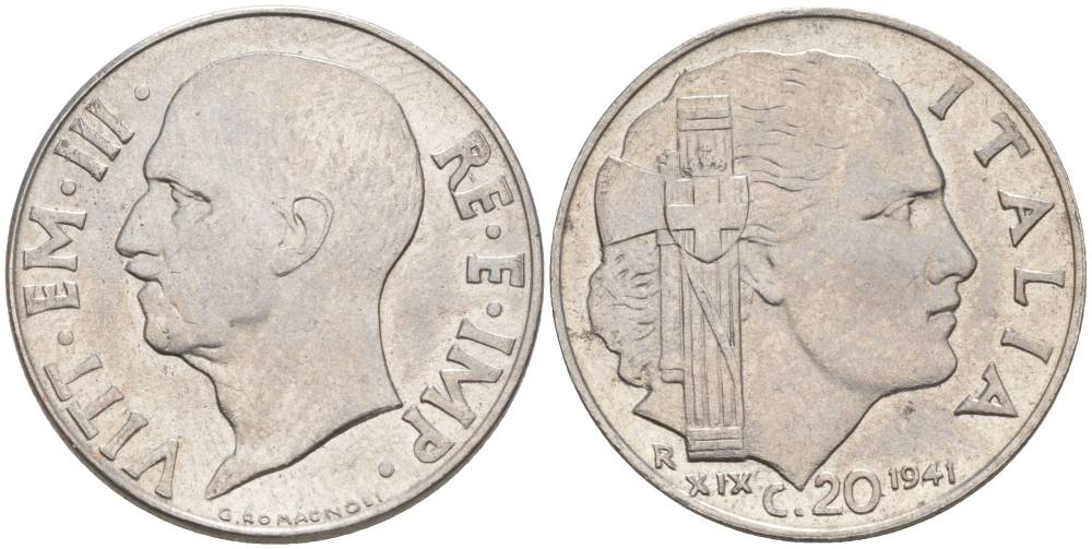 ИТАЛИЯ 20 ЧЕНТЕЗИМО 1941 R, ГОД XIX, ВИКТОР ЭММАНУИЛ III (1900-1946) KM 75b, VEM3. 1028 нержавеющая сталь 3853-935