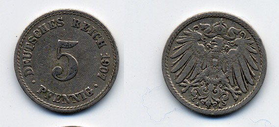 ГЕРМАНИЯ 5 ПФЕННИГОВ 1907 A, KM 11, J. 12 медно-никель 84-1513