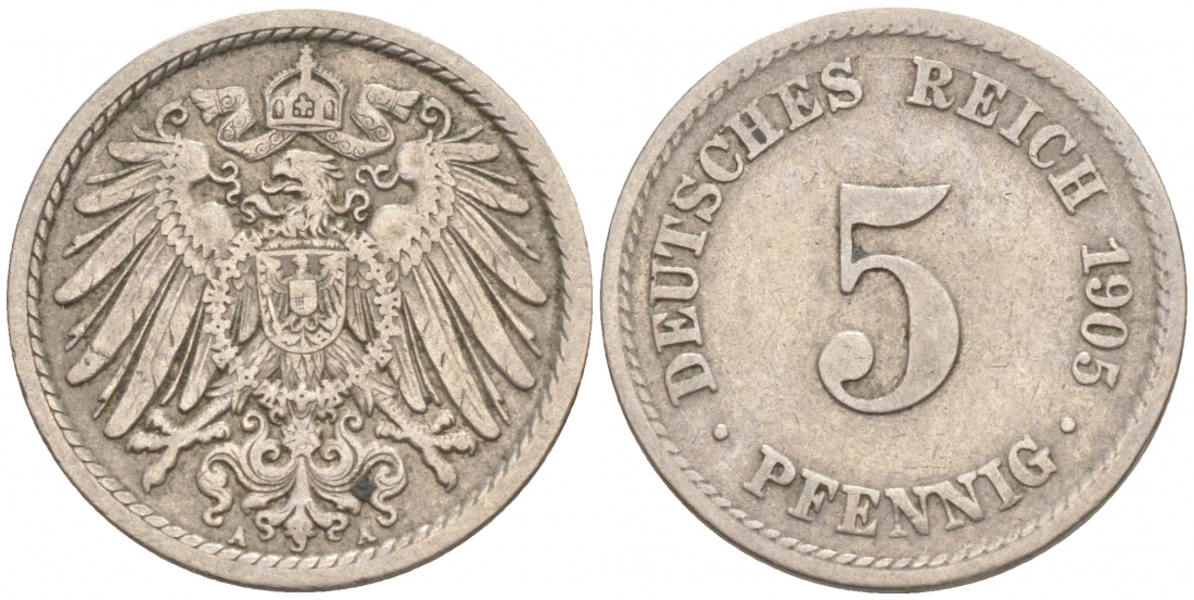 ГЕРМАНИЯ 5 ПФЕННИГОВ 1905 A, KM 11, J. 12 медно-никель 73-1756