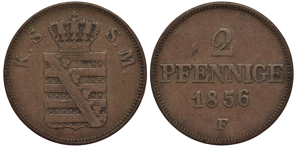 Саксония 2 пфеннига 1856 F KM 1185, Jaeger 80, AKS 152 медь    413-5544