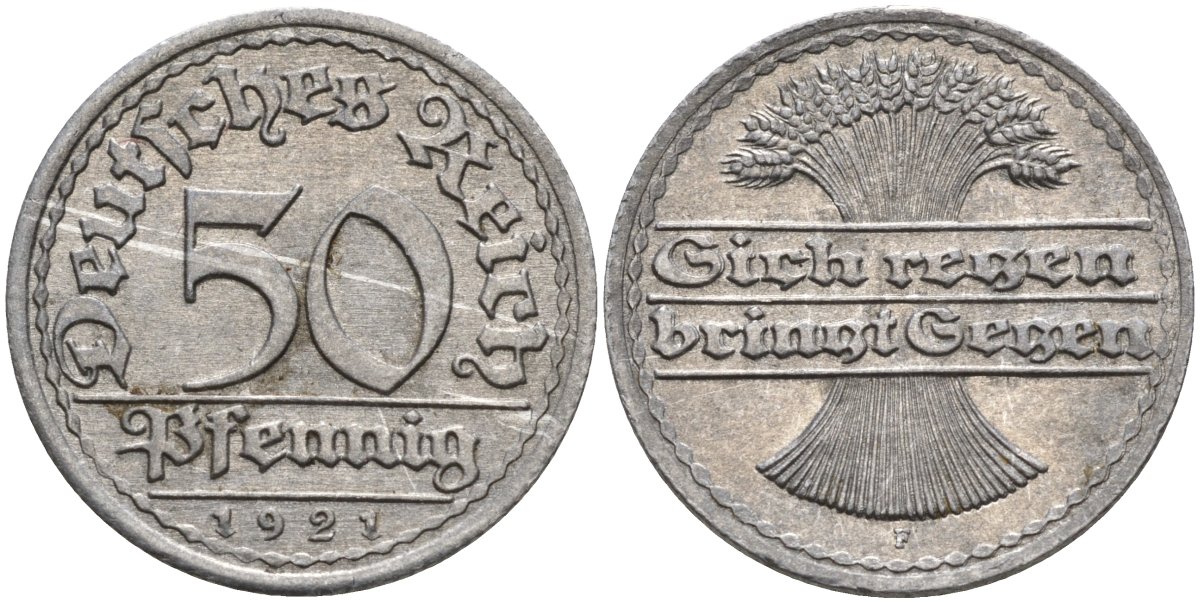 Германия 50 пфеннигов 1921 F KM 27, J.301, Weege 10 алюминий UNC 4584-742