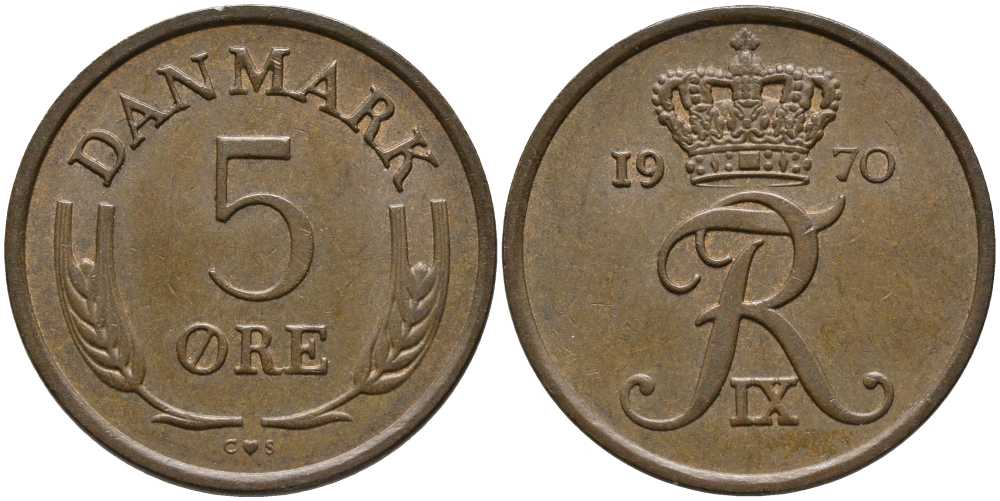 ДАНИЯ 5 ЭРЕ 1970 C; S, ФРЕДЕРИК IX (1947-1972) KM 848.1 бронза 175-714