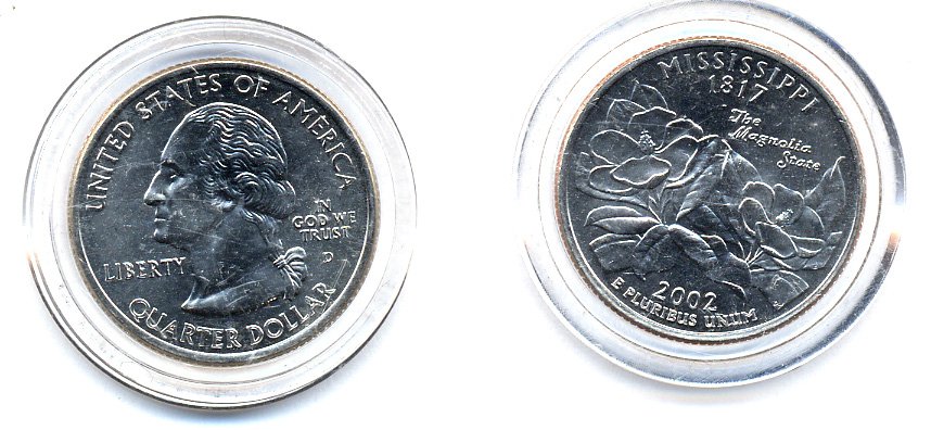 США 25 центов = квотер 2002 D, серия штаты США, Миссисипи КМ 335 медь плакированная медно-никелем UNC 61-241