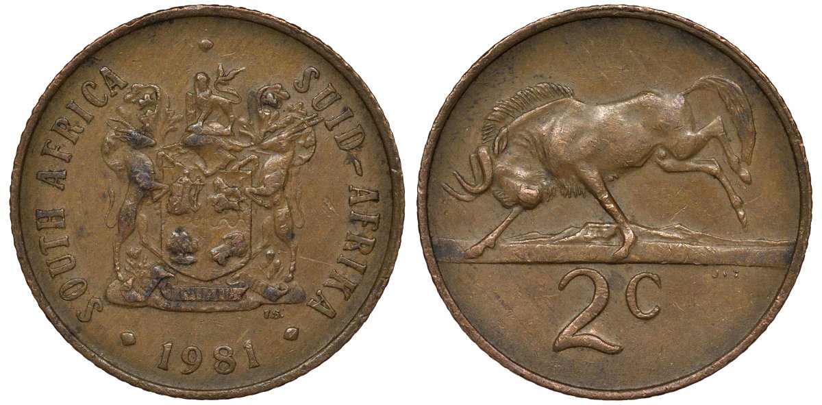 ЮАР 2 цента 1981 герб, антилопа гну KM 83 бронза 4122-255