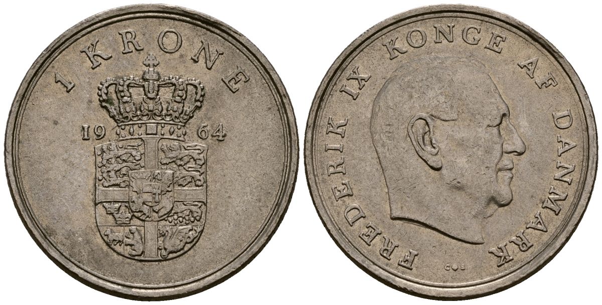 Дания 1 крона 1964 Фредерик IX (1947-1972) KM 852 медно-никель 4176-514