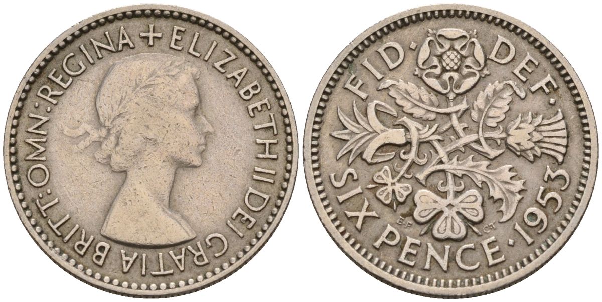 Великобритания 6 пенсов 1953 Елизавета II (1952-2022) KM 889, Spink 4141 медно-никель 4154-233