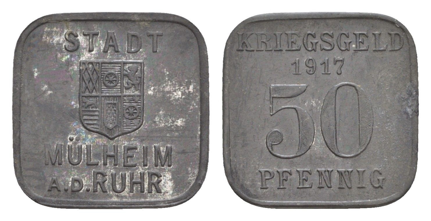 Мюльхайм-на-Руре 50 пфеннигов 1917 Funck 344.2, Men18 21515.1 цинк 1527-635