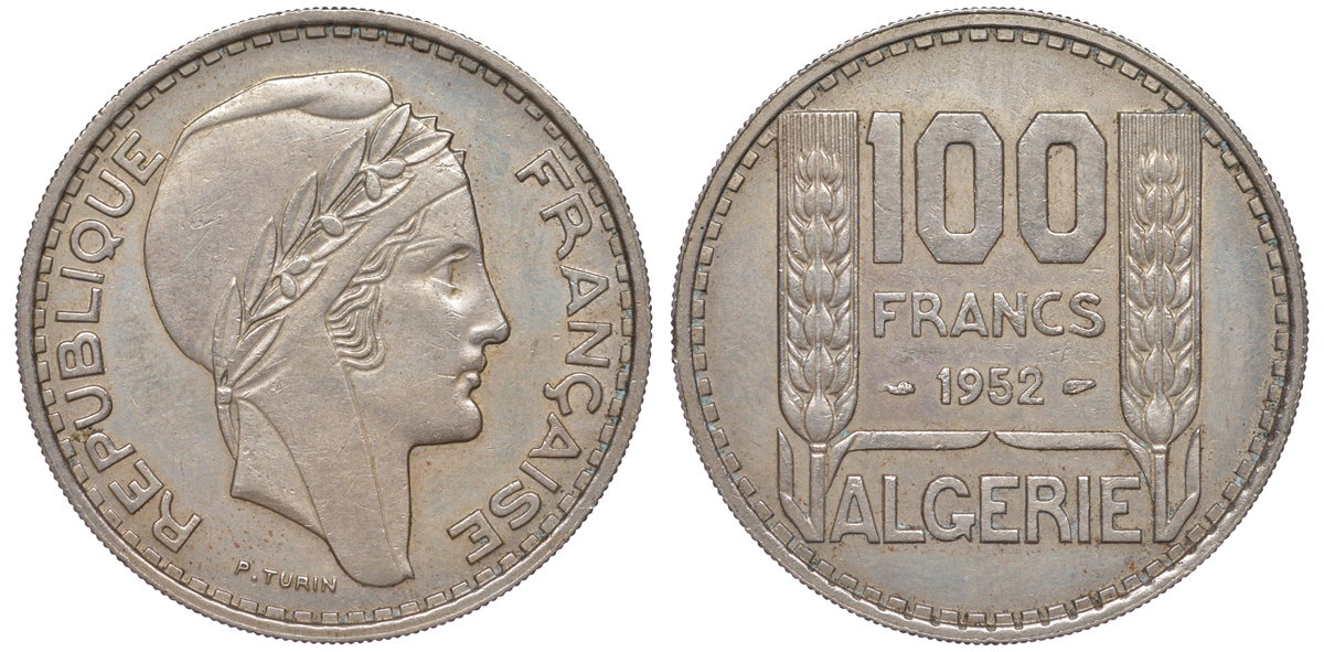 Французский Алжир 100 франков 1952 KM 93 медно-никель 4367-936