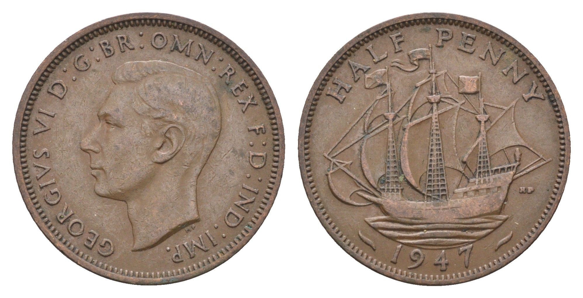 Великобритания 1/2 пенни 1947 Георг VI (1936-1952) KM 844, Spink 4115 бронза 4662-1117