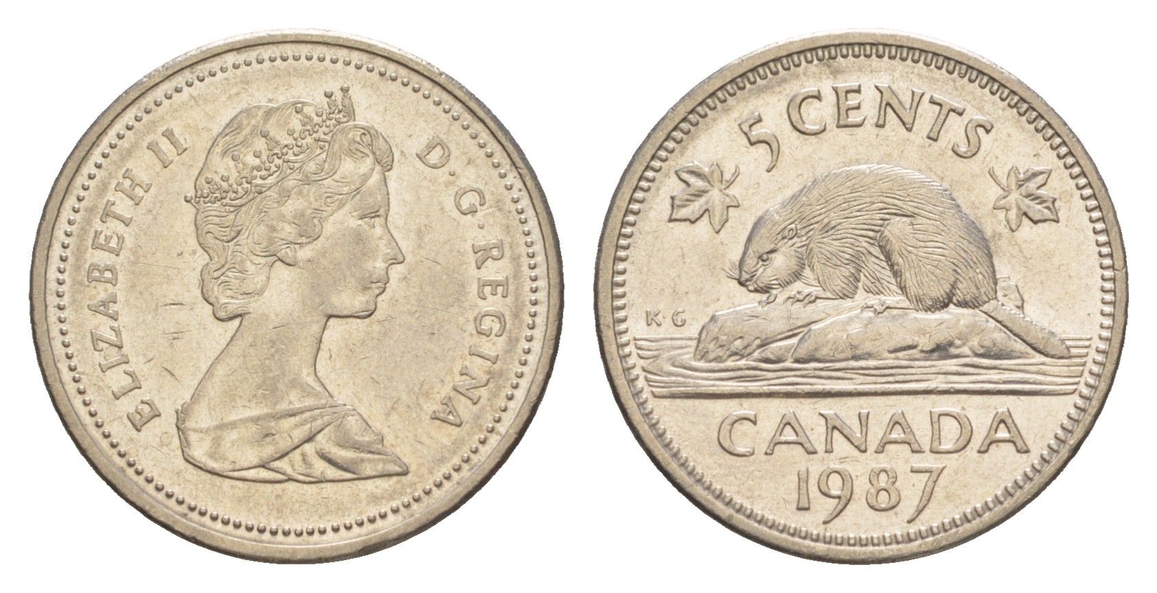 Канада 5 центов 1987 Елизавета II (1952-2022), бобр KM 60.2a медно-никель 4636-616