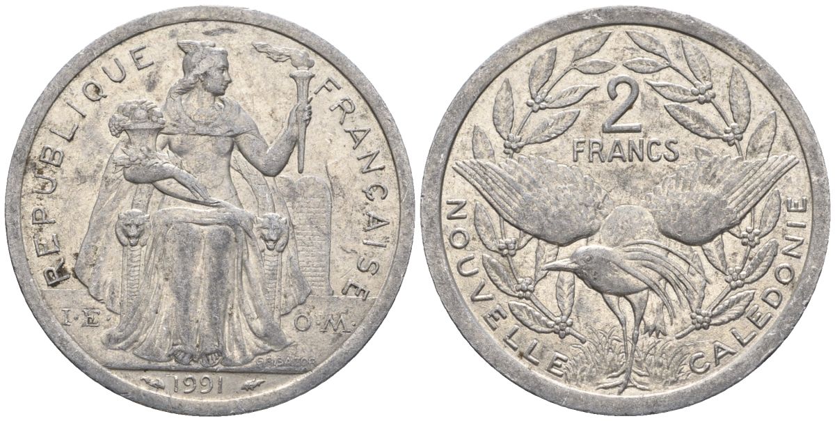 Французская Новая Каледония 2 франка 1991 птица кагу, (IEOM) KM 14, Schoen 11, Lec 67 алюминий    23-637
