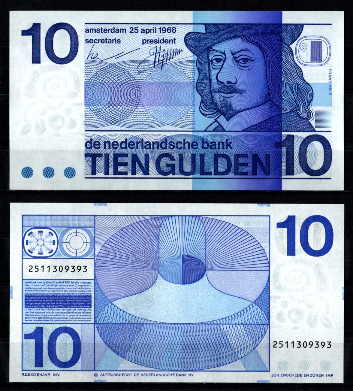 Нидерланды 10 гульденов 1968 Pick 91 b бумага UNC (пресс) 444-65-1-1