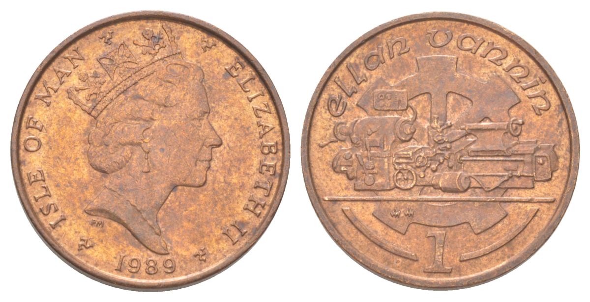 Остров Мэн 1 пенни 1989 АА, токарный станок, Елизавета II (1952) KM 207 бронза aUNC 4625-368