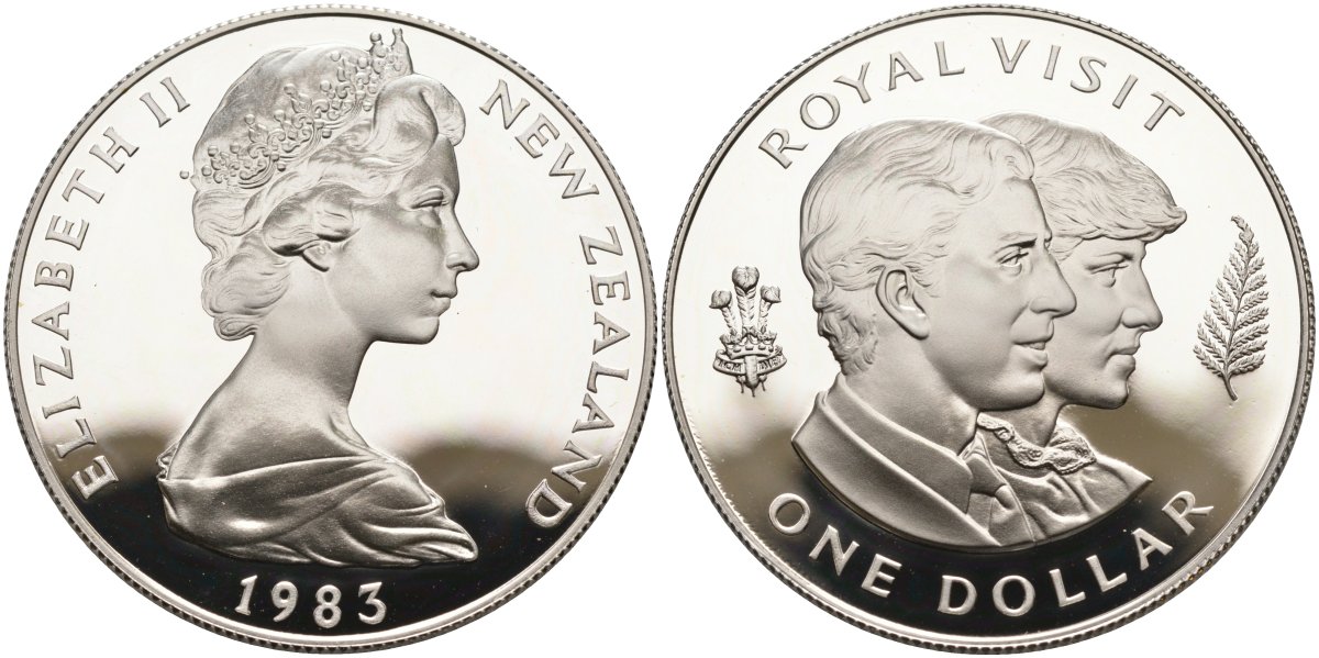Новая Зеландия 1 доллар 1983 королевский визит, принц Чарльз и леди Диана, Елизавета II (1952-2022), в оригинальной коробке, сертификат KM 52а серебро PROOF 3-4-7-22