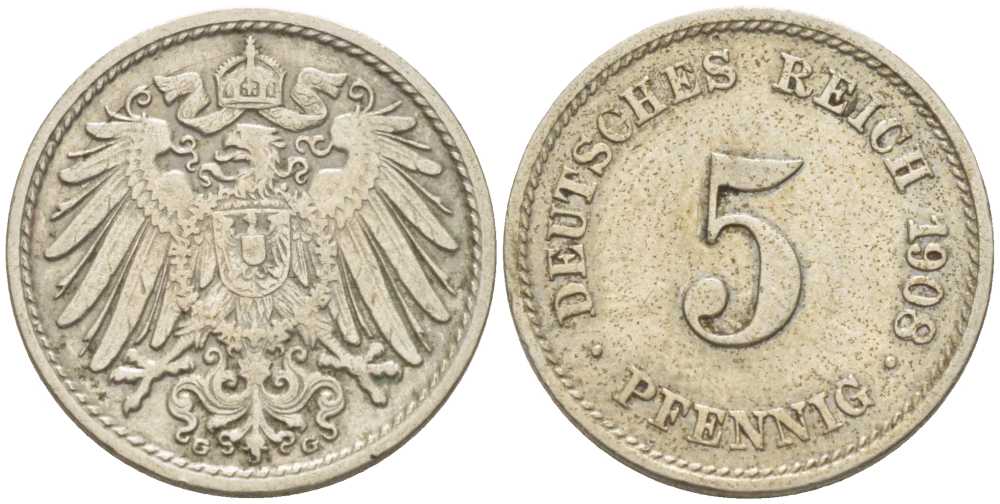 Германия 5 пфеннигов 1908 G KM 11, Jager 12, Weege 6 медно-никель 206-955